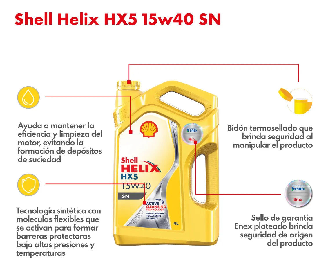 Aceite Shell Helix HX5 15W-40 4L - Mineral Plus Premium para Motor Diésel y Gasolina